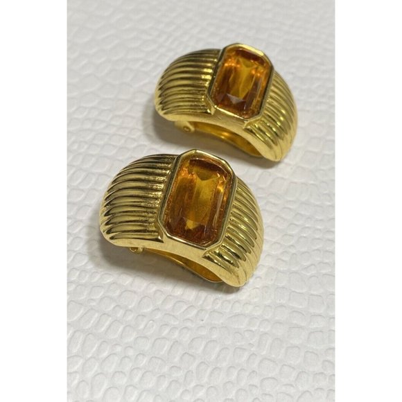 VTG 80'S DAVID GRAU COUTURE AMBER CRYSTAL DECO STYLE CLIP EARRINGS GOLD RIBBED - Picture 3 of 7
